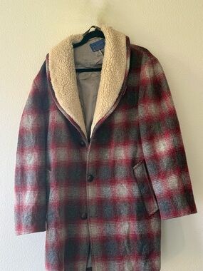 Pendleton Red and Gray Plaid Wool Pea Coat with Cream Sherpa Collar
